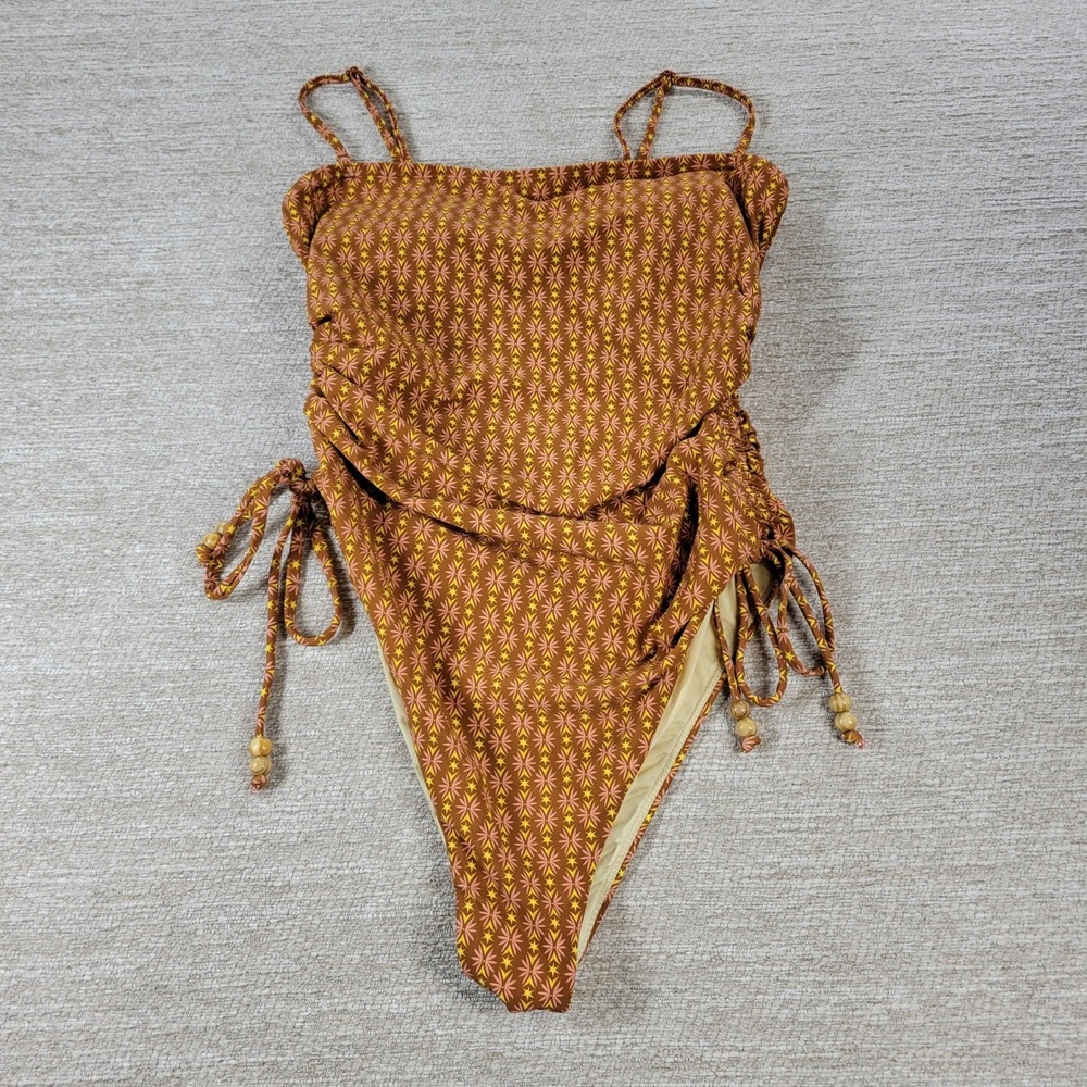 Roxy Ray Of Sunshine One-piece Swimsuit Large Brown Geometric Ruched High Cut - Picture 3 of 13